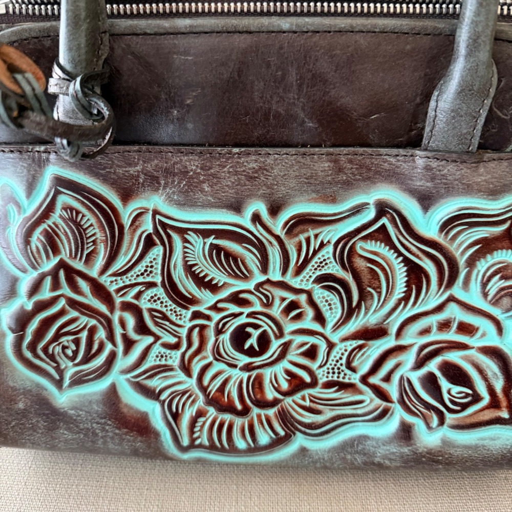 Patricia Nash Turquoise Tooled Leather Floral‎ Satchel Bag P018133 Brown Tassel - Picture 2 of 7